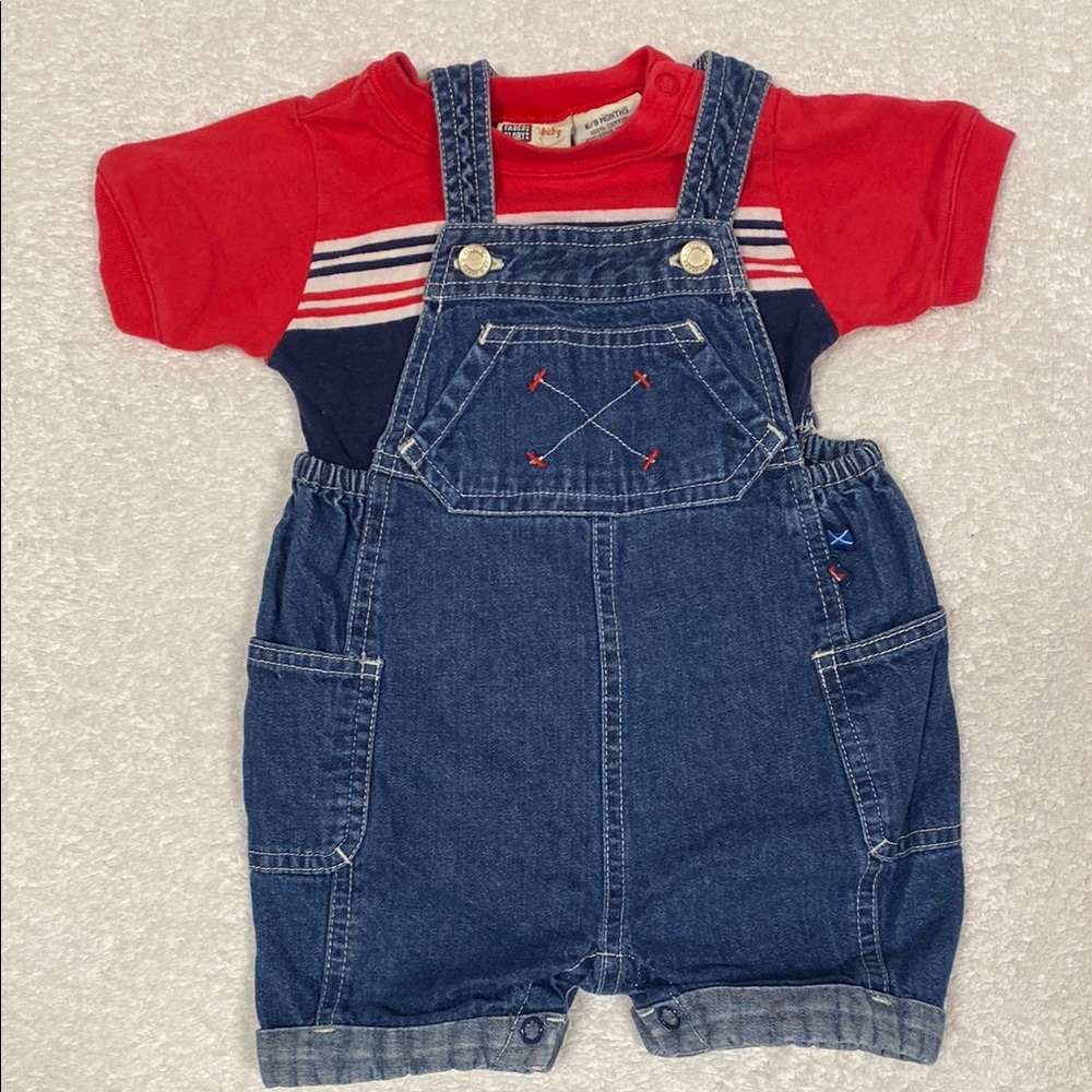 Vintage Faded Glory denim blue Jean shortall Overalls cotton 2 piece set 6/9m